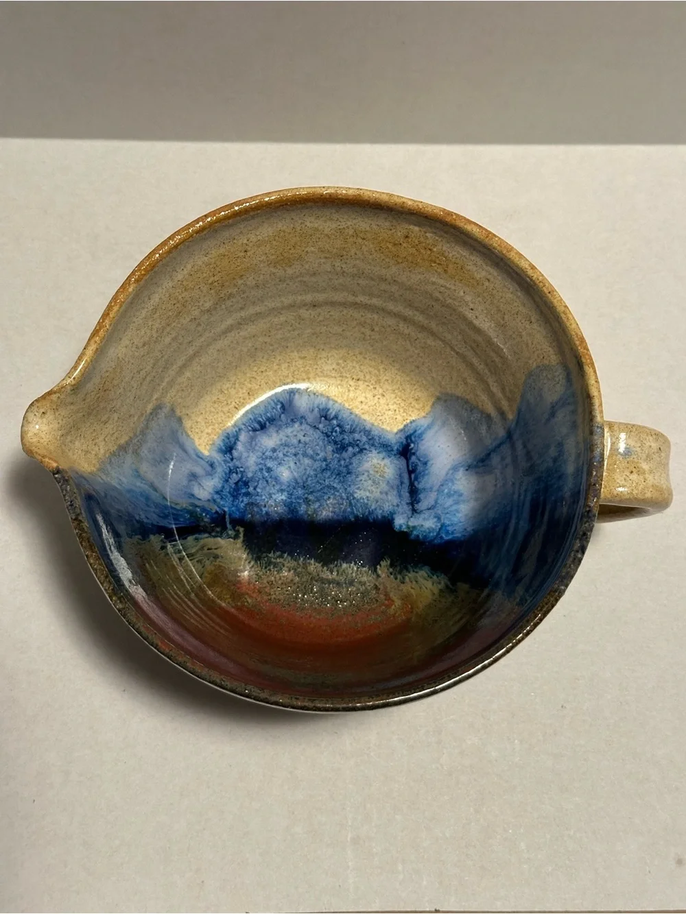 Handcrafted Studio Pottery Ceramic Batter Bowl Pitcher with Blue Glaze Accent